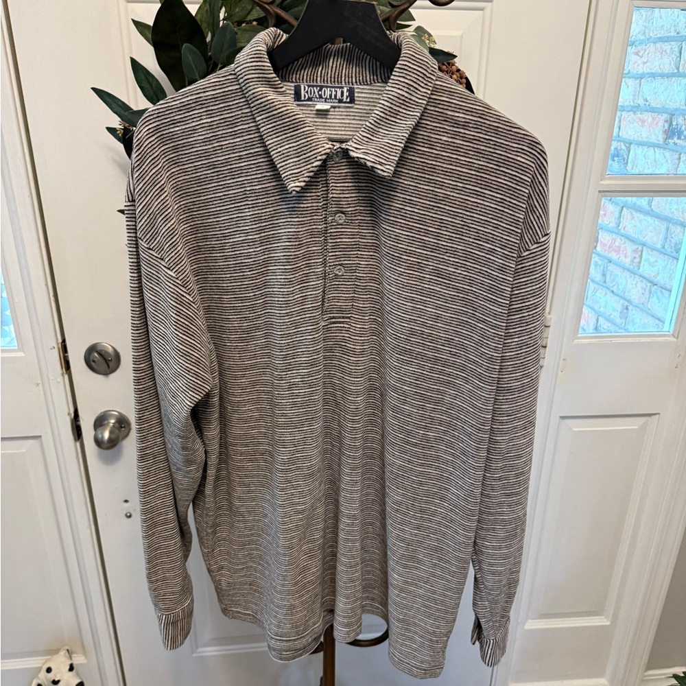 Box Office Soft & Funky Stripe Velour Polo Shirt Long Sleeves L